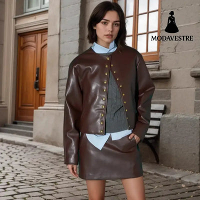 Gold Button Fashion Short Leather Coat Coat