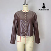 Gold Button Fashion Short Leather Coat Coat