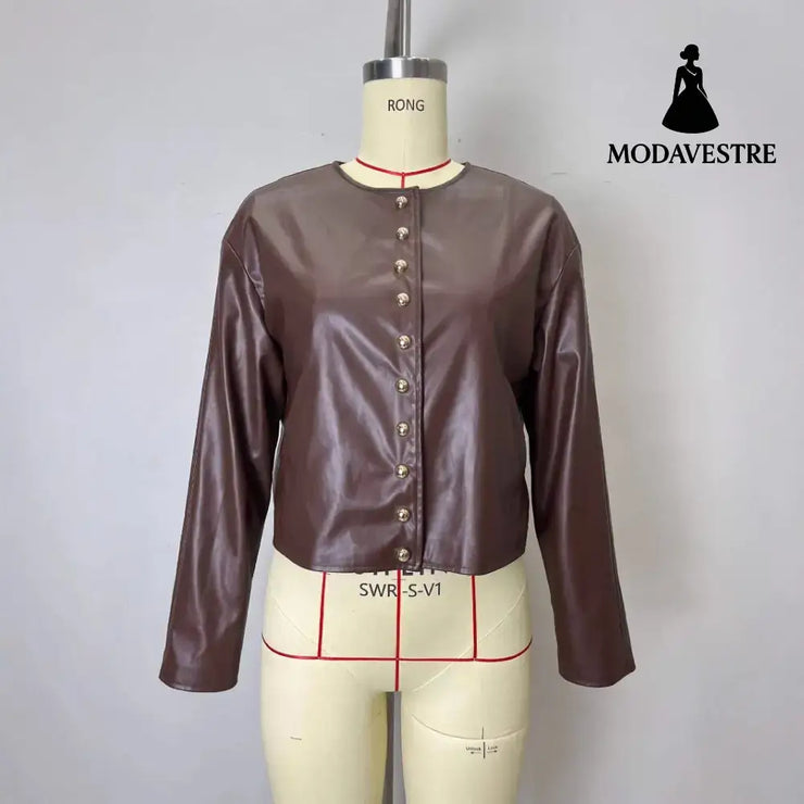 Gold Button Fashion Short Leather Coat Coat