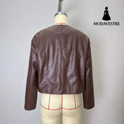 Gold Button Fashion Short Leather Coat Coat