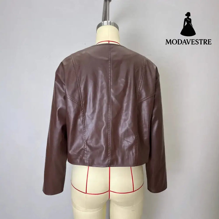 Gold Button Fashion Short Leather Coat Coat