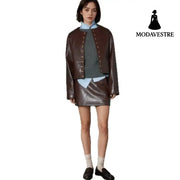 Gold Button Fashion Short Leather Coat Coat