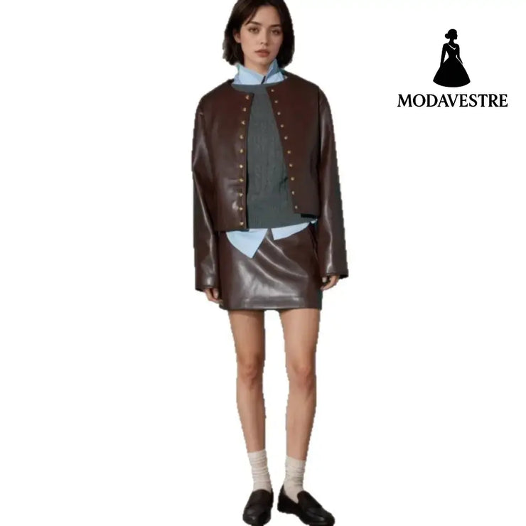 Gold Button Fashion Short Leather Coat Coat