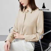 Graceful Satin Top OL Business Clothing Shirt For Women Beige Apricot / L