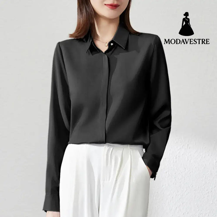 Graceful Satin Top OL Business Clothing Shirt For Women Black / L
