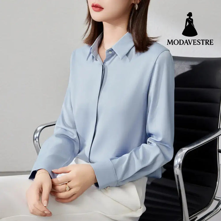 Graceful Satin Top OL Business Clothing Shirt For Women Blue / L