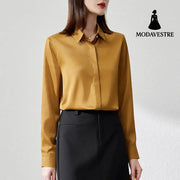 Graceful Satin Top OL Business Clothing Shirt For Women Yellow Brown / L