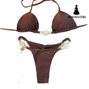 Green Beaded Halter Bikini Set – Three-Piece Drawstring Swimwear