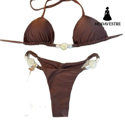 Green Beaded Halter Bikini Set – Three-Piece Drawstring Swimwear