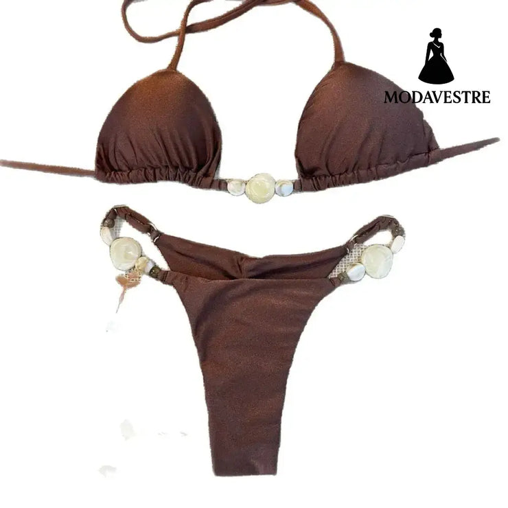 Green Beaded Halter Bikini Set – Three-Piece Drawstring Swimwear