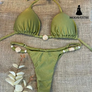 Green Beaded Halter Bikini Set – Three-Piece Drawstring Swimwear Green Bikini Three-Piece Halter Drawstring Swimsuit / S