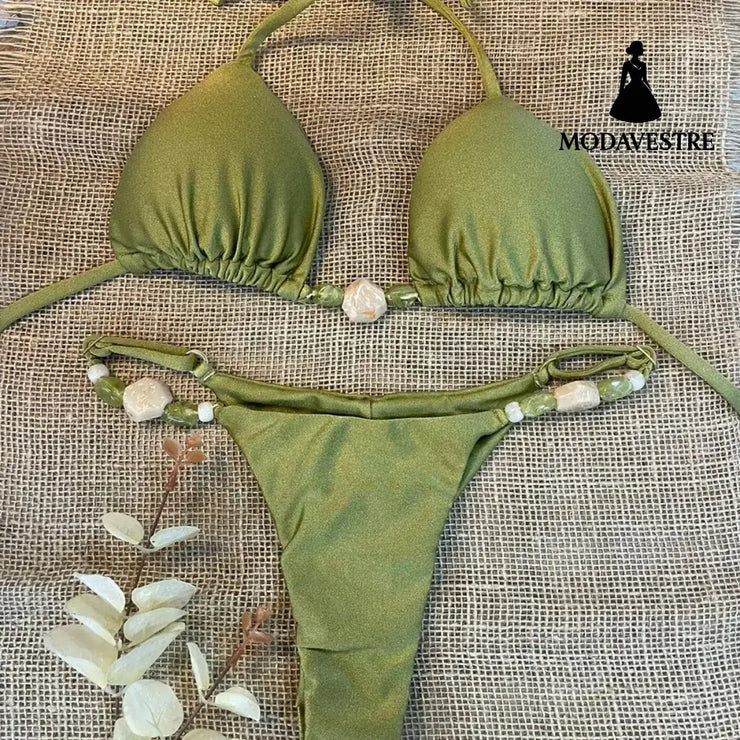 Green Beaded Halter Bikini Set – Three-Piece Drawstring Swimwear Green Bikini Three-Piece Halter Drawstring Swimsuit / S