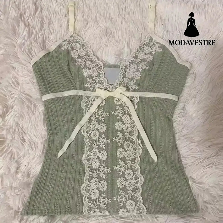 Green Lace Trim Spaghetti Strap Top – Sweet Slim Fit Cami