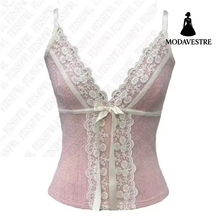 Green Lace Trim Spaghetti Strap Top – Sweet Slim Fit Cami Pink / S