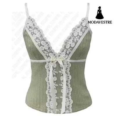 Green Lace Trim Spaghetti Strap Top – Sweet Slim Fit Cami Green / S