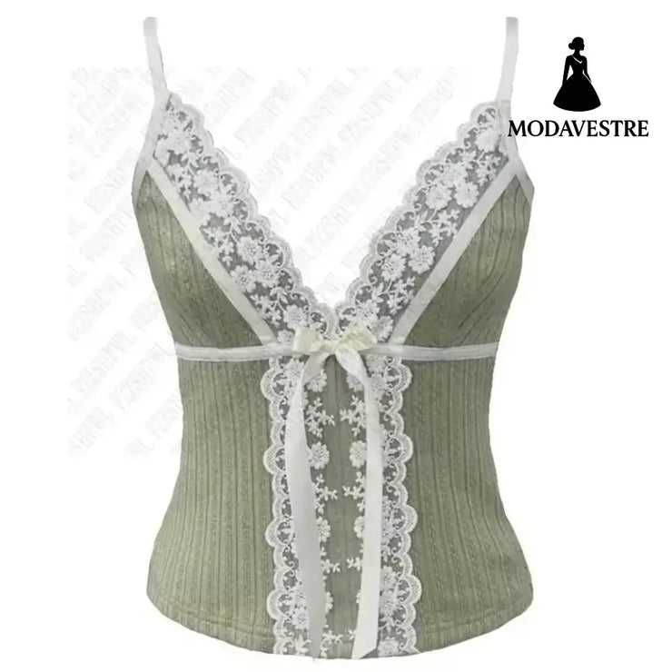 Green Lace Trim Spaghetti Strap Top – Sweet Slim Fit Cami Green / S