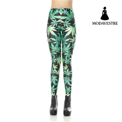 Green Leaves 3D Digital Printed Women Leggings - MODAVESTRE