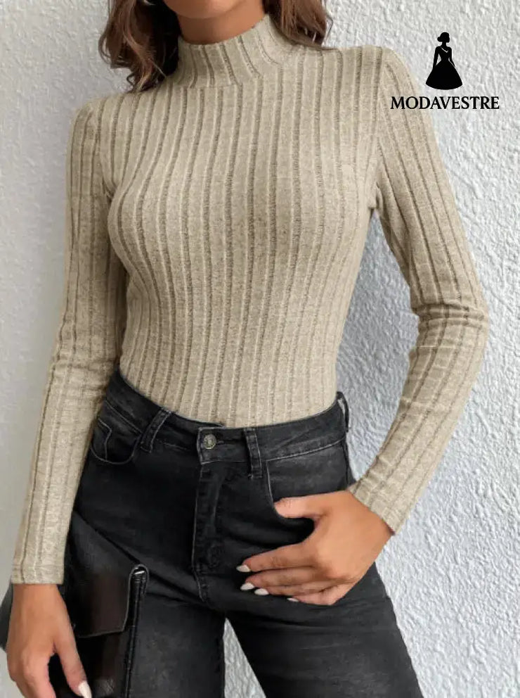 Half Turtleneck Sunken Stripe Brushed Soft Warm Sweater Apricot / 2XL Jumper