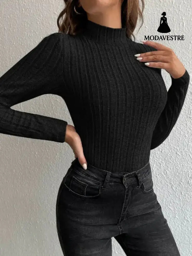 Half Turtleneck Sunken Stripe Brushed Soft Warm Sweater Black / 2XL Jumper