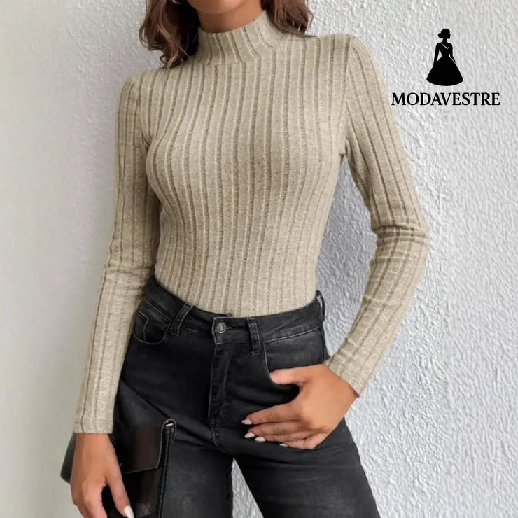 Half Turtleneck Sunken Stripe Brushed Soft Warm Sweater Jumper