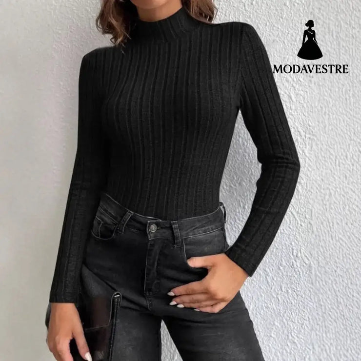 Half Turtleneck Sunken Stripe Brushed Soft Warm Sweater Jumper