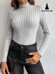 Half Turtleneck Sunken Stripe Brushed Soft Warm Sweater Light Gray / 2XL Jumper