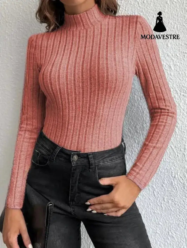 Half Turtleneck Sunken Stripe Brushed Soft Warm Sweater Pink / 2XL Jumper