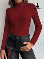 Half Turtleneck Sunken Stripe Brushed Soft Warm Sweater Wine Red / 2XL Jumper