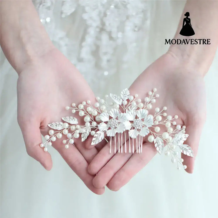 Handmade Wedding Accessory Pearl Hair Comb Silver Accessory