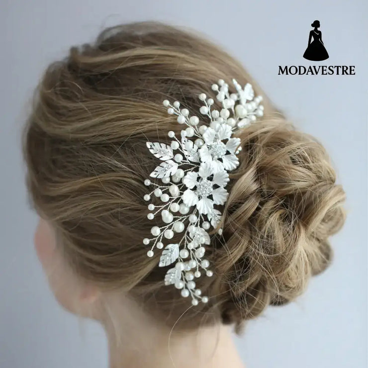 Handmade Wedding Accessory Pearl Hair Comb Silver Accessory