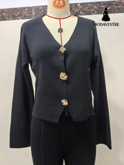 High-end Short Knitted Cardigan Slim Slimming Metal Buckle Sweater For Women Black / L Knitted Products