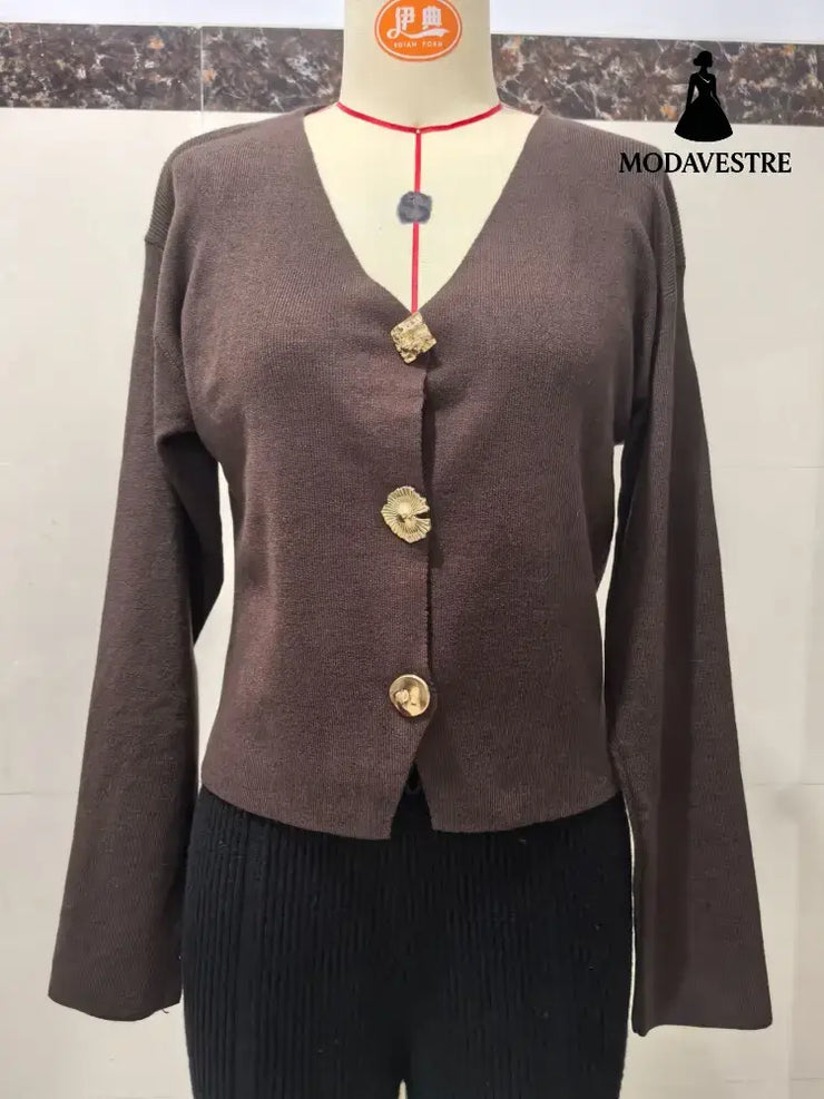 High-end Short Knitted Cardigan Slim Slimming Metal Buckle Sweater For Women Brown / L Knitted Products