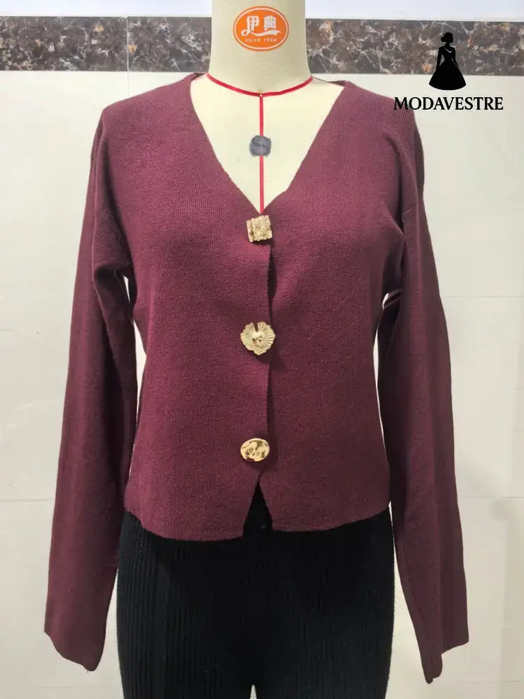 High-end Short Knitted Cardigan Slim Slimming Metal Buckle Sweater For Women Purplish Red / L Knitted Products