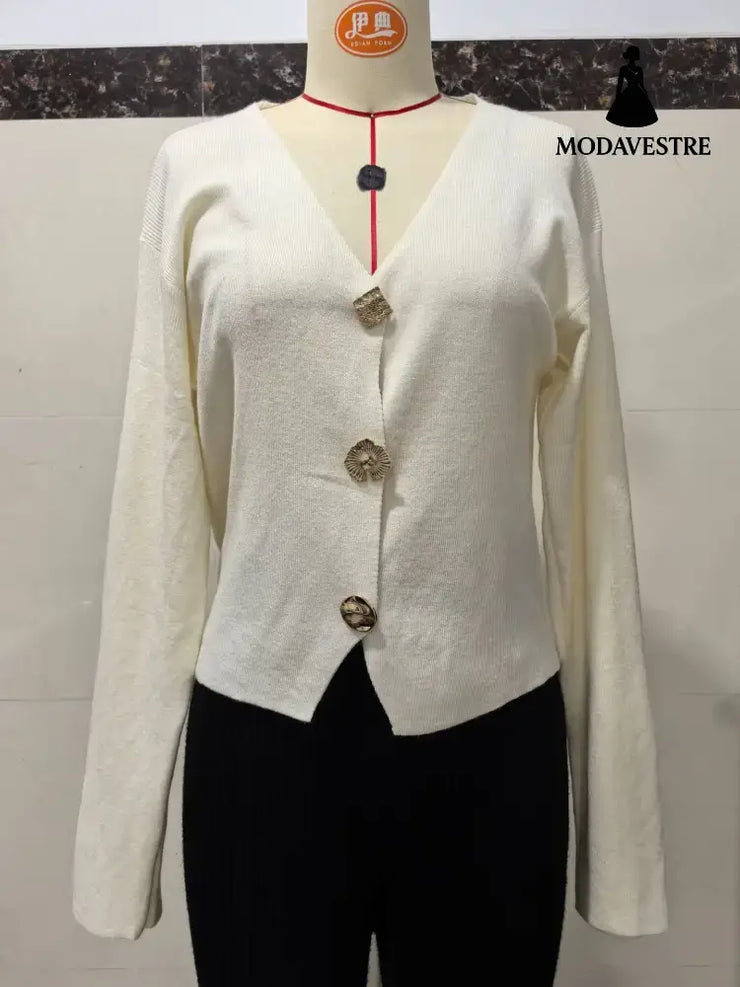 High-end Short Knitted Cardigan Slim Slimming Metal Buckle Sweater For Women White / L Knitted Products