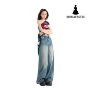 High Street Patchwork Wide Leg Pants Spring Loose Washed Straight Leg Jeans for Women