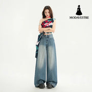 High Street Patchwork Wide Leg Pants Spring Loose Washed Straight Leg Jeans for Women
