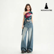 High Street Patchwork Wide Leg Pants Spring Loose Washed Straight Leg Jeans for Women