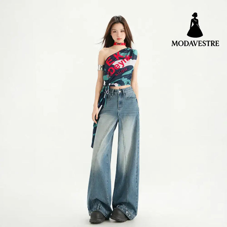 High Street Patchwork Wide Leg Pants Spring Loose Washed Straight Leg Jeans for Women