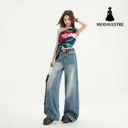 High Street Patchwork Wide Leg Pants Spring Loose Washed Straight Leg Jeans for Women