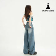 High Street Patchwork Wide Leg Pants Spring Loose Washed Straight Leg Jeans for Women