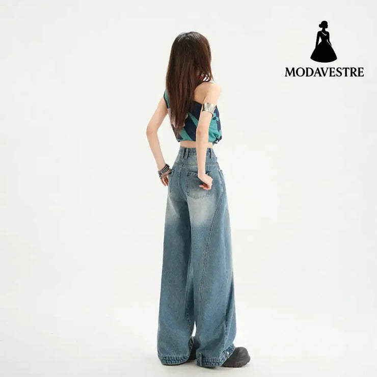 High Street Patchwork Wide Leg Pants Spring Loose Washed Straight Leg Jeans for Women