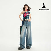 High Street Patchwork Wide Leg Pants Spring Loose Washed Straight Leg Jeans for Women Blue # Long Pants / XS