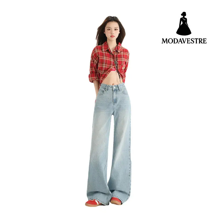 High Street Straight Leg Loose Drape Wide Leg Jeans for Women