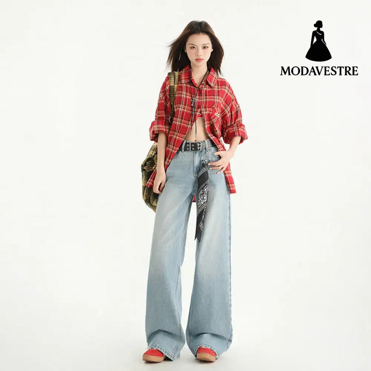 High Street Straight Leg Loose Drape Wide Leg Jeans for Women