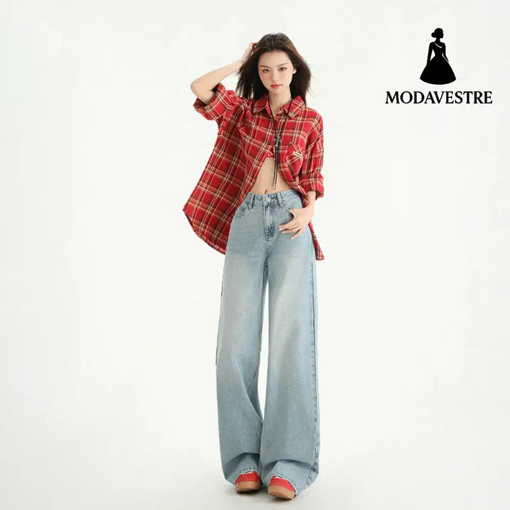 High Street Straight Leg Loose Drape Wide Leg Jeans for Women