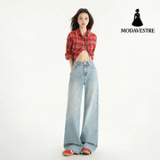 High Street Straight Leg Loose Drape Wide Leg Jeans for Women Blue # Long Pants / XS