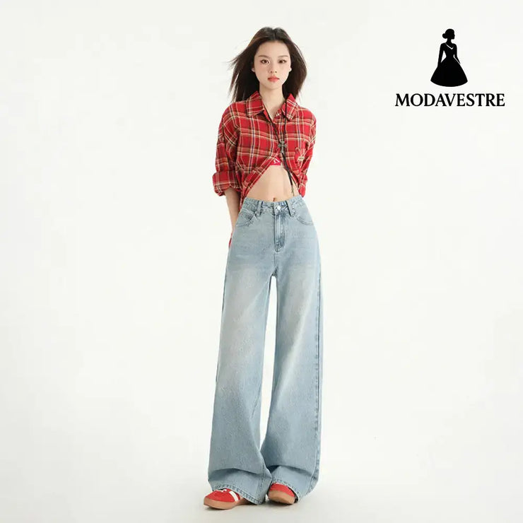 High Street Straight Leg Loose Drape Wide Leg Jeans for Women Blue 