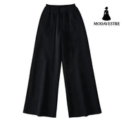 High waisted drawstring loose wide leg pants Black / S