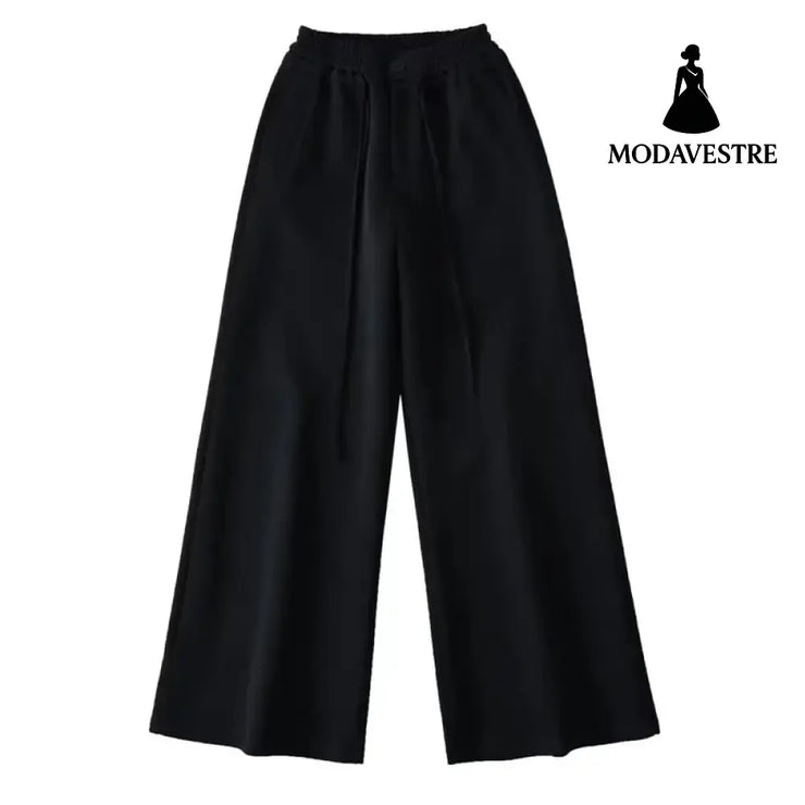 High waisted drawstring loose wide leg pants Black / S