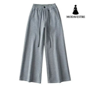 High waisted drawstring loose wide leg pants Light gray / S